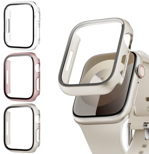 Lovmunia 3-Stück Schutzhülle mit Displayschutzfolie Kompatibel mit Apple Watch Series 9/8/7 45mm, Rundum Ultradünne Hard Gehäuse Eingebaut Kratzfest Gehärtetes Glas Schutzfolie für iWatch 45mm