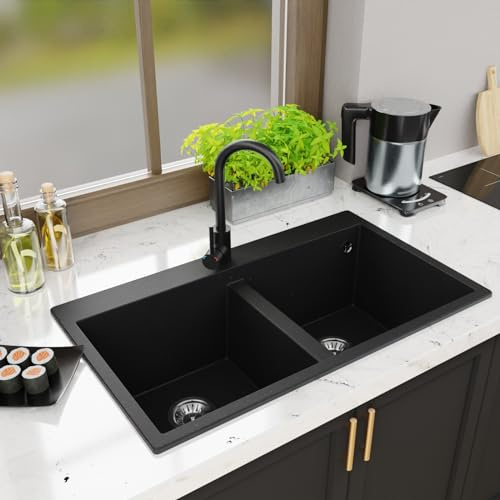 Lavello Elle 2.0 Évier de cuisine en granit double évier encastrable avec siphon Noir métallisé