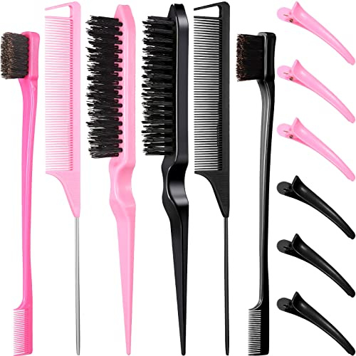 12 Stück Haarbürsten-Set, Nylon Teasing Haar Bürsten 3 Row Salon Teasing Brush, Double Sided Hair Edge Brush Smooth Comb Grooming, Rat Tail Kämme mit Duckbill Clips für Frauen Mädchen (Schwarz, Rosa)-
