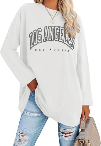 Ebifin Oversize t-shirt damer vintage kortärmad rund hals Los Angeles toppar toppar casual lös basic sommar t-shirts skjortor blus., L-vit, XXL
