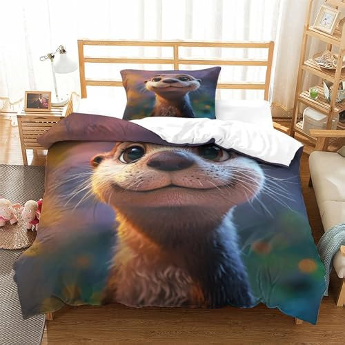 ENYISIYULO Bedding Set Otter 2Pieces 3D Printed Bedding Set Bank Beaver Duvet Cover with Zipper Closure,Soft Microfiber Quilt Cover And 1*Pillowcases for Teens And Adults Bedroom Single（135x200cm）