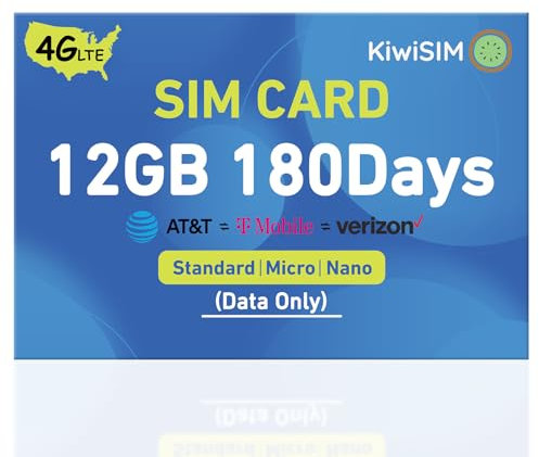 KiwiSIM USA Data SIM Card 12GB 180 Days, 4G LTE SIM Card Support for AT&T, T-Mobile and Verizon, Nano Card for Unlocked Cellular Security Cameras/Router/Hotspot WiFi/Trail Camera (Activate Needed)