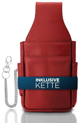 FLEXIBILITE®Kellnertasche Echt Leder | Gastronomie Zubehör | Kellnerholster [Neues Konzept 2026] | Bedienungstasche EXTRA 47cm Stahlkette | Holster Tasche (15 x 23 cm B x H) | Rot