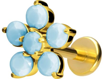 PIERCINGLINE Titan Labret mit Push Fit BLUME + SYNTH. TÜRKISE Piercing Ohr Nase Goldfarben 1,2 x 10 mm