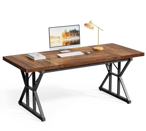 LITTLE TREE 70.8-Inch Office Desk, Wooden Executive Office Desk, Modern Work Desk, Large Farmhouse Writing Table Computer Desk for Home, Brown-Black