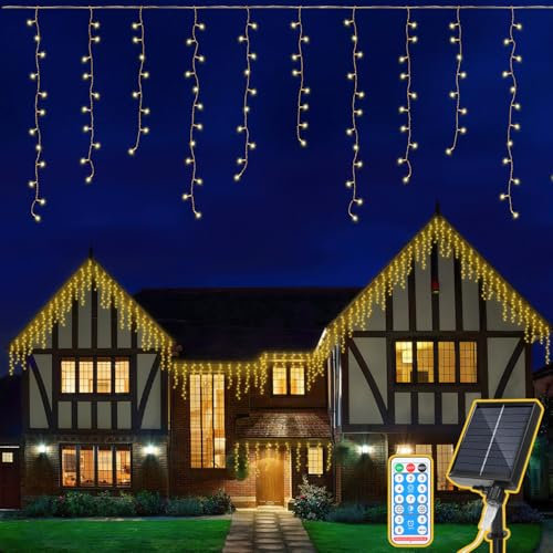 Eulenke Solar Eisregen Lichterkette Außen, 200LEDs, 8 Modi & Memory-Funktion, solarlichterkette mit Fernbedienung, IP44, Geeignet für die Innen- und Außendekoration von Häusern, warmweiß
