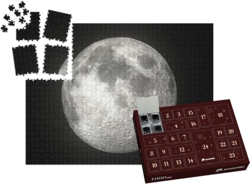 puzzleYOU: Puzzle-Adventskalender | „Leuchtender Mond vor schwarzem Hintergrund“ – aus der Puzzle-Kollektion Mond, Astronomie, Schwarz-Weiß