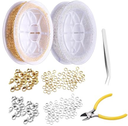 MAEXUS Catena a maglie al metro, 2 rotoli da 5 m, con chiusura a aragosta e anelli di curvatura, per collane fai da te (oro, argento), 10M, FERRO