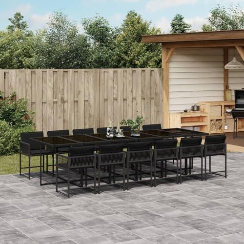 Homgoday 13-TLG. Garten-Essgruppe mit Kissen Gartenmöbel Set Balkonmöbel Sitzgruppe, Terrassenmöbel Gartenstuhl Gartentisch, Rattanmöbel Gartengarnitur Schwarz Poly Rattan
