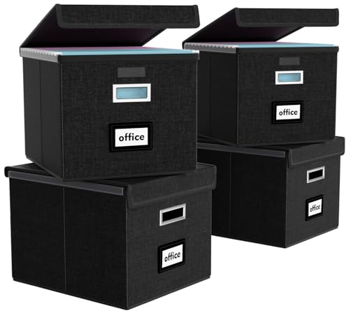 FINEW Stoff Faltbare Aufbewahrungsbox mit Deckel,Hängemappen Hängeregister | Leinen Hängemappenbox für DIN A4 Hängeregister, Aufbewahrungsboxen für Büro/Dekor/Haus,Faltbox für Familien (Schwarz) 4 pack