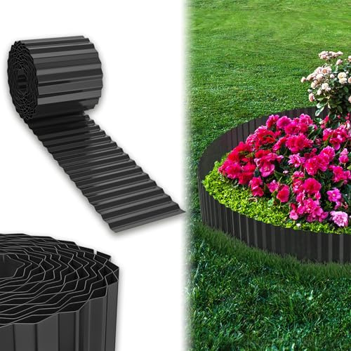 UISEBRT Beeteinfassung Rasenkante, Verzinktes Beetbegrenzung aus Metall Einfach zu Montieren, 15cm Hoch Flexibel Rasenkanten, Wurzelsperre Blumenbeet oder als Mähkante Länge Anpassbar(5M, Schwarz)