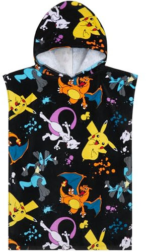 Pokémon Toallas Baño con Capucha para Niños Adolescentes Kawaii Toalla Poncho Piscina Playa Poncho Toallas Algodon Regalo Niños (Black/Multi, 10-13 Años)