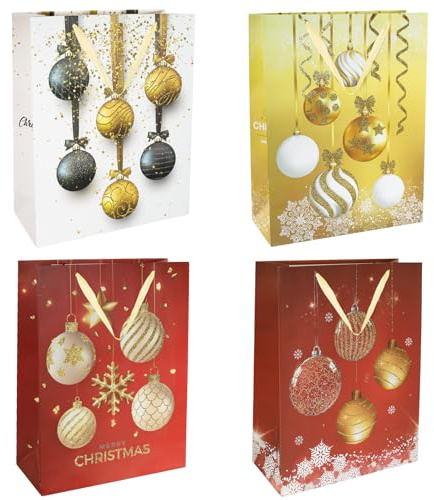 M&W DasDesign Glitzernde Weihnachts-Geschenktüten Set – 12 große Geschenkbeutel mit 4 festlichen Kugel-Designs (je 3 pro Design), mit Glitzer-Effekt für festlichen Glanz, ideal für Weihnachtsgeschenke