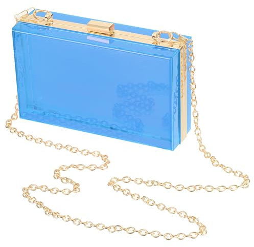 SUIKIHUM Transparente Abend-Clutch für Damen, Schulterhandtaschen, neonfarbener harter Rahmen mit Ketten, Party-Geldbörse für Hochzeit, Abschlussball, Party (Hellblau, Gold), Hellblau, Gold