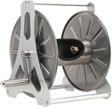 Stainless Steel Wall Mounted Hose Reel, Freestanding Hose Storage Rack, Hanging Garden Hose Reel, Holds 50M Hose Capacity, 360° Rotatable Handle, Hose Holder Kit for Home Garden Lawn