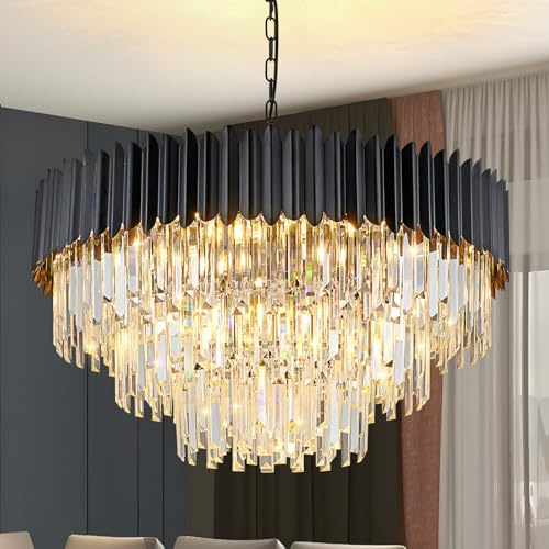 KUNYEEE Moderne Luxus Kristall Pendelleuchte, schwarzer Kristall Kronleuchter, 15xE14 Raindrop Kronleuchter Leuchte Flush Mount Deckenleuchte für Esszimmer, Φ80cm