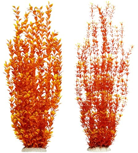 Hamiledyi Aquarium Plastic Plants Aquarium Decor Artificial Fish Tank Plants,Tall Fish Tank Decorations, Extra Large Aquarium Plant 23.6-inch Tall,2PCS（Orange Style A）