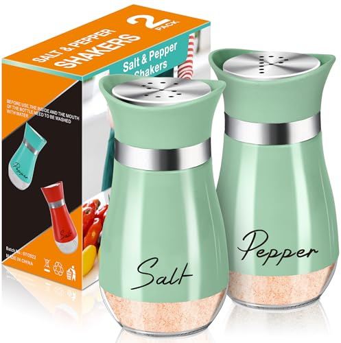 Salt and Pepper Shakers - 2 Pack Matcha Green Glass Set with Steel Caps | Compact Refillable Shakers with Stainless Steel Caps And Glass Bottoms for Dining Tables, Camping, RV Trips, BBQs And Gifts.