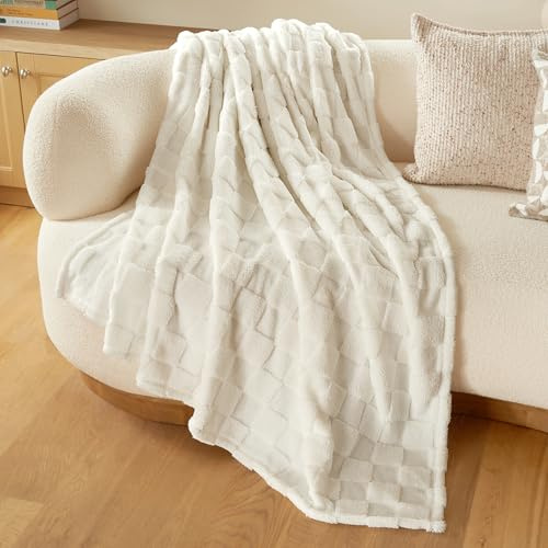 Joiedomi Twin Kuscheldecke für Bett, 152x203cm, Weiche Kariertes Fleece in Weiß, Geschenkidee für Frauen, Mütter und Mädchen, Weiche Wolldecke Warme Flanelldecke als Tagesdecke