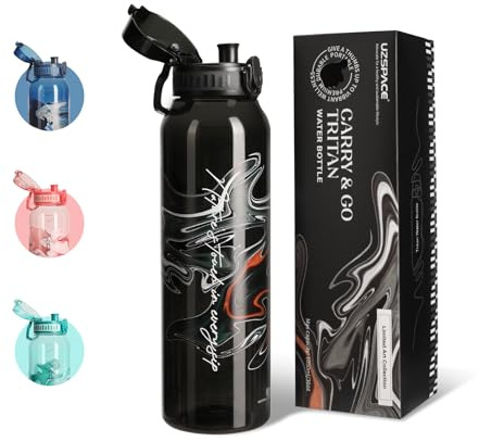 UZSPACE Trinkflasche 1L Sport Wasserflasche, Spülmaschinenfest Sportflasche | BPA-frei, Kohlensäure Geeignet & Auslaufsicher, Wasserflasche für Sport Gym, Geschenke für Frauen Männer, Art-Schwarz