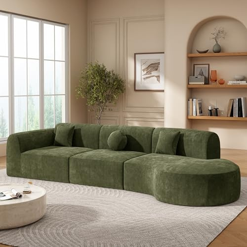 Merax 140 Curved Polyester Sectional Sofa Set, 7 Seat Modern Cloud Couch with Chaise Lounge,3 Pillows, Fully Assembled for Living Room, Green