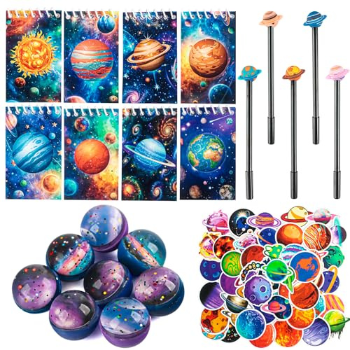 Phlognfy 74Pcs Planeten Party Geschenke, Planeten Kindergeburtstag Geschenke, Mit 8 Spirale Notizblock 8 Neutraler Stift 50 Aufkleber 8 Kinder Flummi, Für Mädchen Jungen Theme Schulmaterial