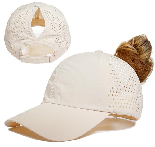 Gisdanchz Dammössa, vertikal hästsvans, justerbar, lätt, andas, perforerad, sommar, baseballkeps för löpning, golf och mer, Beige, 54-58