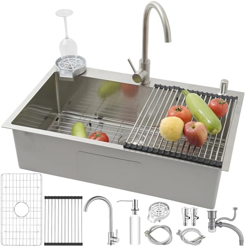 SCYOMSTORE Lavabo de Cocina 80 x 50 cm, Fregadero de Cocina 1 Cuenca de Acero Inoxidable con Grifo, Gran Lavabo de Cocina Cepillado, con Rejilla Inferior para Fregadero, Escurridor, Dispensador de
