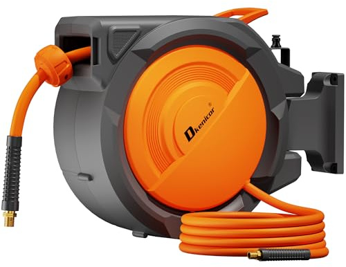 Dkenicor Retractable Air Hose Reel, 3/8 x 120ft Hybrid Hose, Auto Rewind Enclosed Air Compressor Hose Reel with 180° Swivel Bracket, Max 300 PSI Any Length Lock for Garage & Workshop