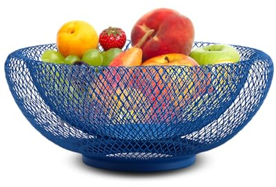 Metal Countertop Fruit Basket, 10 Inches Round Black Wire Kitchen Fruit Bowl Holder for Countertop,Home Decor,Table Centerpieces hold Vegetables, Bread, Snacks (Blue)