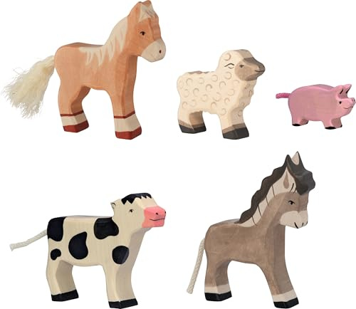 Holztiger 80629 Bauernhoftiere Tierkinder – Set mit 5 Spielfiguren aus Holz, Fohlen, Lamm, Ferkel, Kalb und Esel, handbemalte Spielzeugtiere für Kinder, Made in Europe