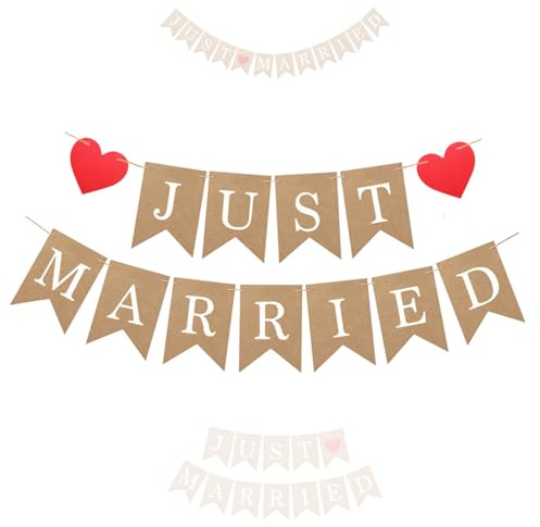 Just Married Girlande, Vintage Rustikal Kraftpapier Wimpelkette Banner, Just Married Auto Deko, Deko Hochzeit Girlande für Hochzeit Brautdusche Junggesellinnenabschied Foto Photo Booth Fotografie