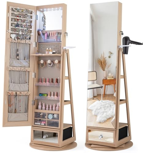 COSTWAY 360° Swivel Jewellery Cabinet, LED Lights Lockable Jewelry Armoire with Full Length Mirror, Large Storage, Hairdryer Mount & Rear Shelves, Freestanding Jewellery Organiser Unit (Natural)