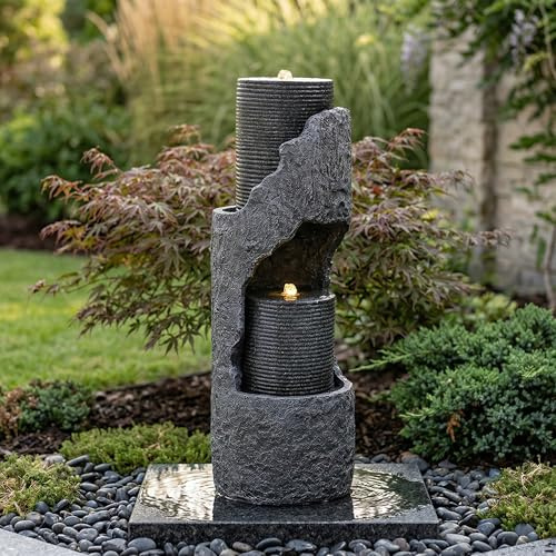 ECLIVON Fuente de Agua para Jardín y Exteriores, Fuente de Jardín con Iluminación LED, Cascada de 2 Niveles para Patio, Fuente Decorativa con Bombas, Decoración de Interior para Terraza (Gris)