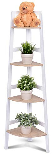 COSTWAY Eckregal, Standregal mit 4 Ebenen, Leiterregal Holz, Bücherregal, 32 x 32 x 138 cm, ideal für Wohnzimmer, Badezimmer und Arbeitszimmer, weiß