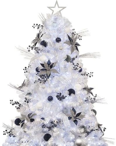 210cm Künstlicher geschmückter Weihnachtsbaum künstlich Weiss mit Beleuchtung und blau Weiss Ornamenten Reine weihnachtsbaumschmuck, einschließlich voller künstlicher Christbaumkugeln