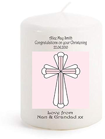 Christening Candle Personalised Gift Pink Cross for Baby Girl