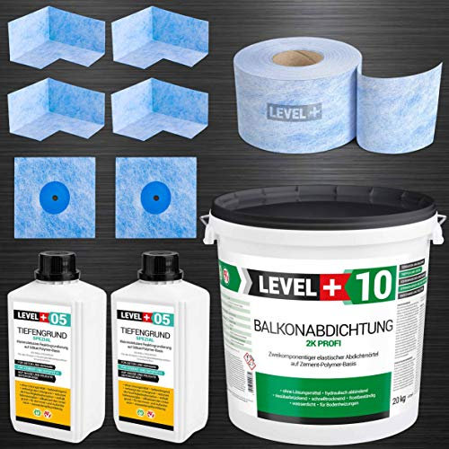 Dicht-Set Badabdichtung 20Kg Balkonabdichtung 2K, 4 Innenecken, 2 Wandmanschetten, 20M Dichtband, 2L Tiefengrund mit Wasserglas SET28