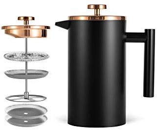 MaxMiuly Kaffeebereiter French Press 0,35 Liter Klein Kaffeezubereiter Doppelwandig Edelstahl Französische Kaffeepresse inikl. Ersatzfilter 350ml, 2 Tassen, Schwarz