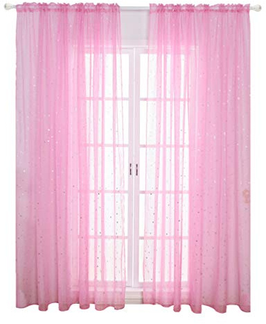 VOSAREA Voile Fenstervorhang Romantische Silbersternfolie Fensterbehandlung Glitzer Sterne Gardinen Panel für Mädchen Kinder Schlafzimmer Wohnzimmer- 100 * 270Cm (Rosa)