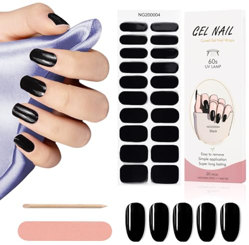Kalolary 20PCS Gel Nagellack Aufkleber, Schwarz Full Wraps Nagelaufkleber UV/LED-Lampe Erforderlich Cured Gel Nail Strips mit Nagelfeile und Stick für Frauen Mädchen Nageldekoration - D