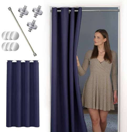 tinycurtains, Thermo Türvorhang mit Vorhangstange & Magneten zum Abdichten, einfache Montage ohne Bohren in 1 Min (195 x 150 cm blau + Stange Silber 55-90 cm + 6 Magnete)
