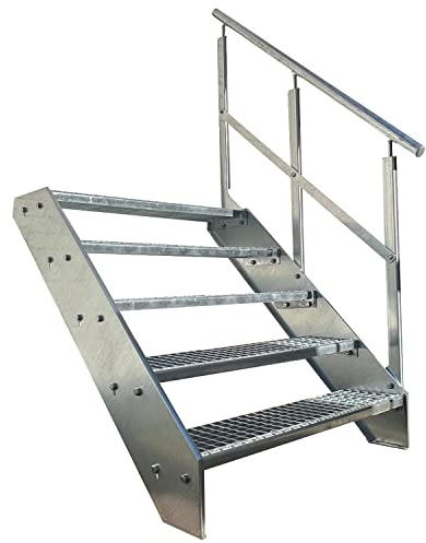 Kaminbau Mierzwa Premium Stahl Treppe Geländer Rechts Verzinkt 5 Stufen (Breite 600 mm) (Höhe 95 cm) Wetterfest Gitterroststufe Gartentreppe