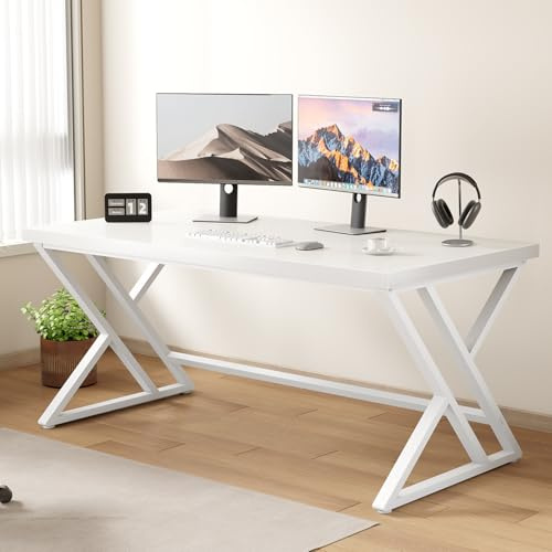 LVB Scrivania Bianca per Computer, Scrivania da Ufficio Moderna in Legno per Casa, per PC, Scrivania Esecutiva in Metallo e Legno per Studenti, Scrivania Semplice per Studio, Gaming, Camera da Letto