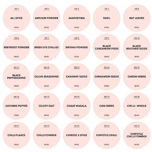 Spice Jar Labels - Water Resistant 37mm Satin Plastic Stickers - Design 1 - Top 100 Herbs & Spices - (Misty Rose Colour Label)