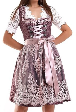 Lifos 0300 Dirndl Damen Midi 2 Teilig Trachtenkleid mit Schürze, Elegantes Dirndlkleid für Oktoberfest, Traditionelles Trachten Dirndl, Festkleid Damen Blau Grün Rot