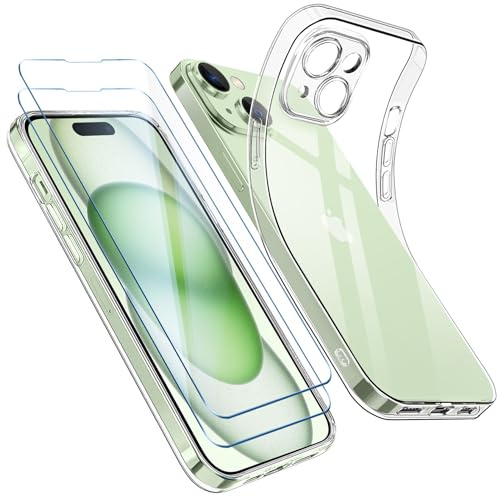 Qasyfanc Kameraschutzhülle Kompatibel mit iPhone 15 Hülle Transparent mit 2 Stück Schutzfolie, Handyhülle iPhone 15 Dünne Weiche Silikon Anti-Gelb Schutzhülle, Durchsichtig