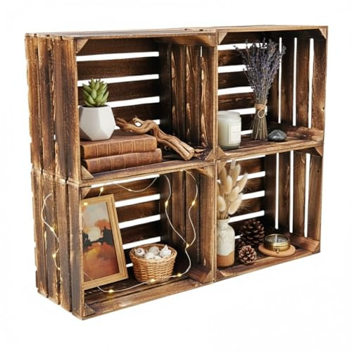 Teramico Holzkisten geflammt 50x40x30cm (4 x ohne Boden) | Geflammte Vintage Weinkisten im Set als Regal oder zur Aufbewahrung nutzen. Perfekt für stilvolle Dekoration im Wohnzimmer.
