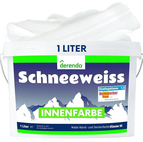 derendo Schneeweiss Wandfarbe weiß hohe Deckkraft 1l Innenfarbe matt ausbessern Testsieger Wände streichen ohne tropfen hochdeckend innen weiss 1 Liter