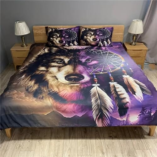Bettwäsche Set Bettbezug 140x200 Weich Bequem Atmungsaktiv Hypoallergen Mikrofaser Bettbezüge und 2 Kissenbezug, für Teenager-Schlafzimmer-Dekor（Wolf-TraumfäNger